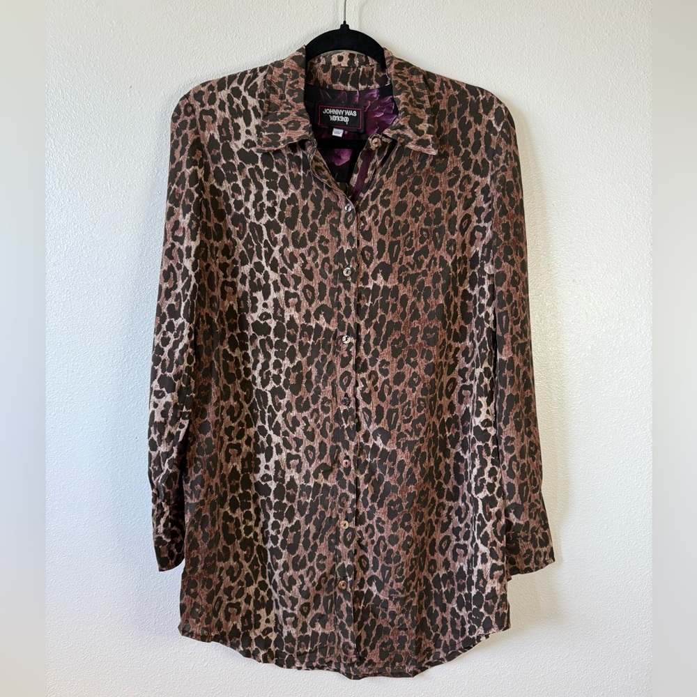 Johnny Was Brown Leopard Print silk Button Down Shirt